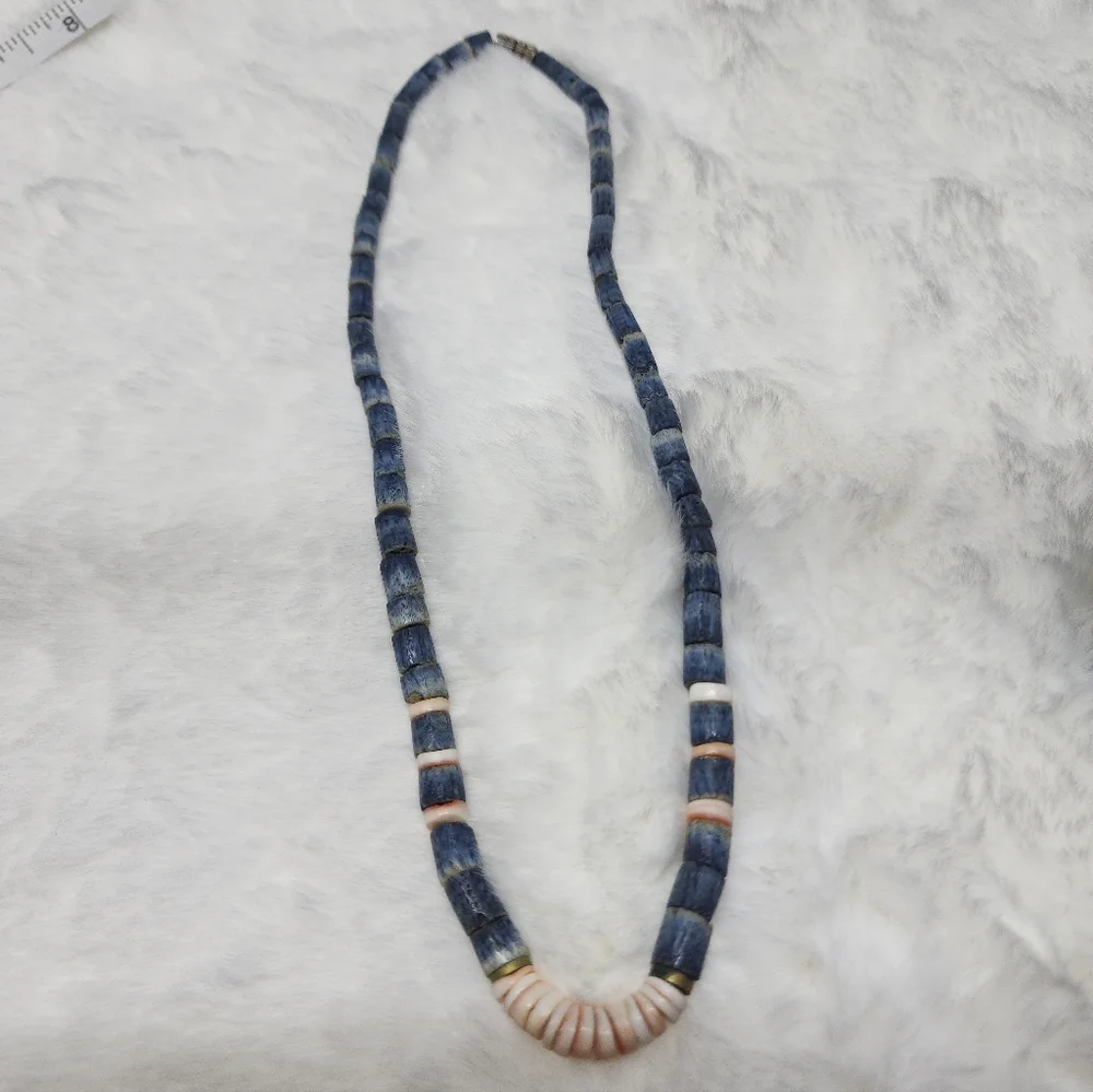 Antique Blue Coral and Shell Beaded Necklace - Picture 3 of 7